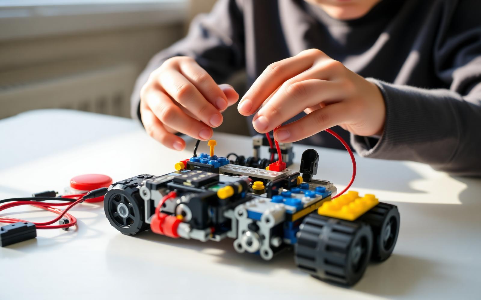 A young builder assembling a small robot with motors and gears