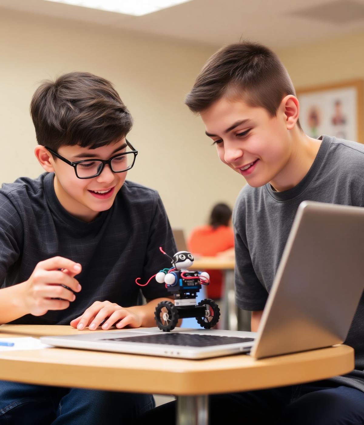 A mentor helping a student fix a small robot